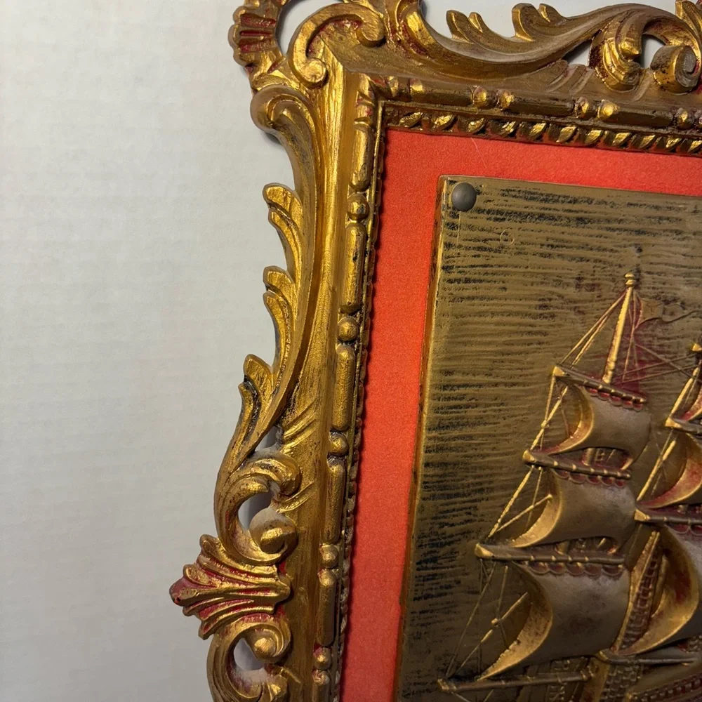 VTG Ornately Framed Schooner Ship Italy Red Velvet Matte Wall Hanging Goldtone